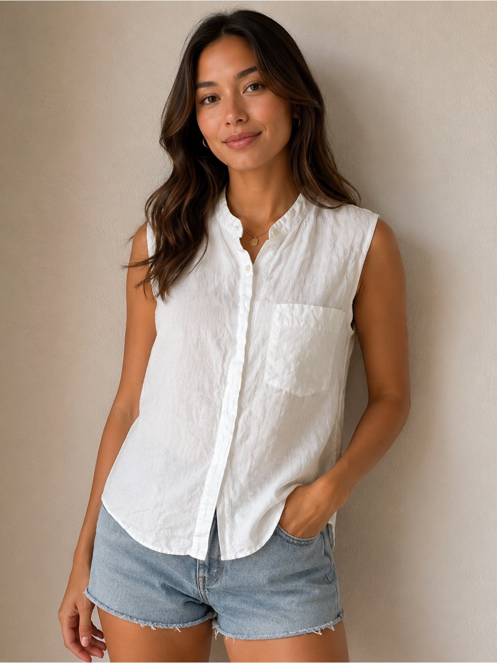 Sleeveless White‎ Button-Front Linen Blend Shirt